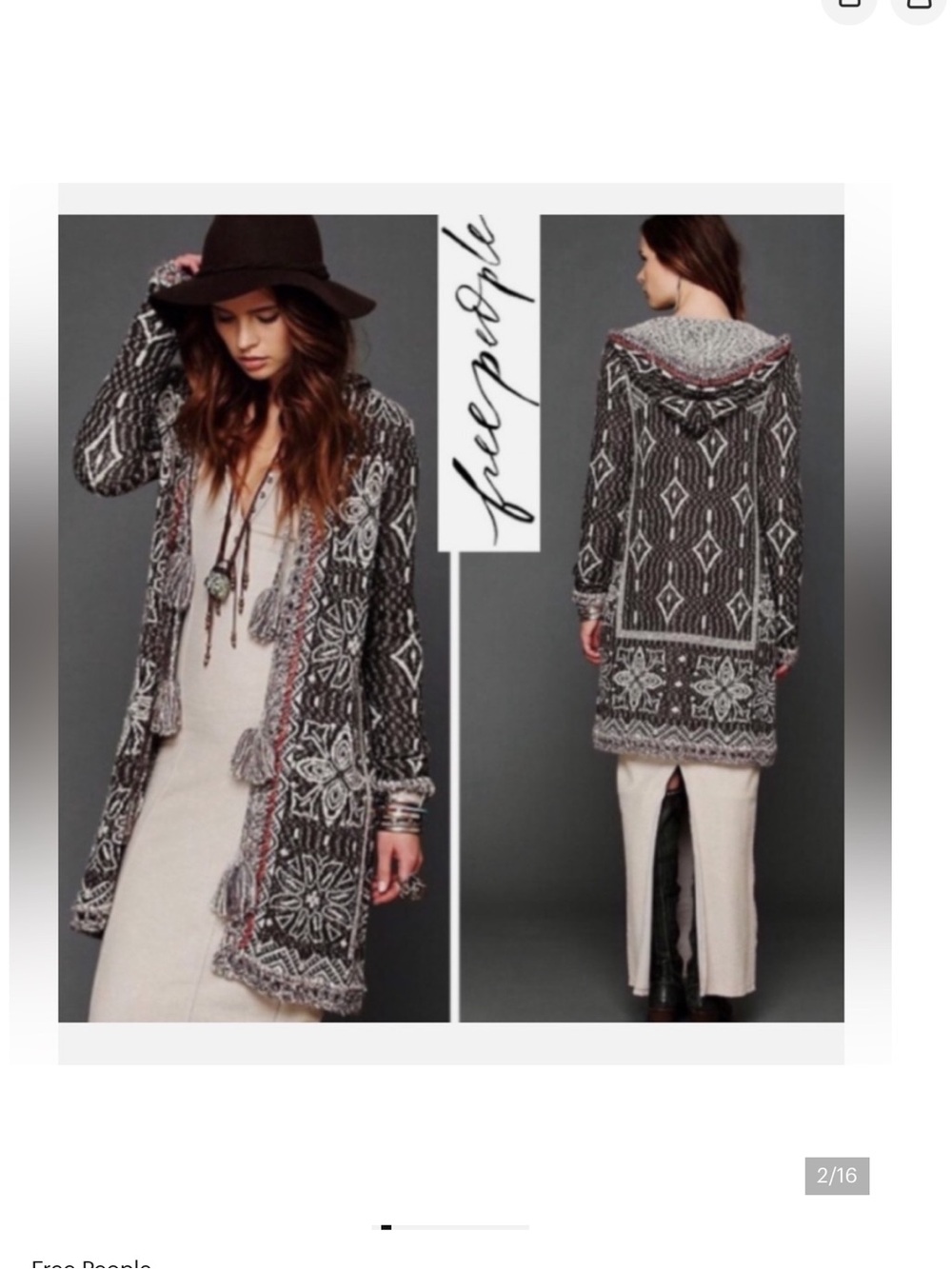Free People Gray Patterned Hooded Duster Cardigan with Red Trim